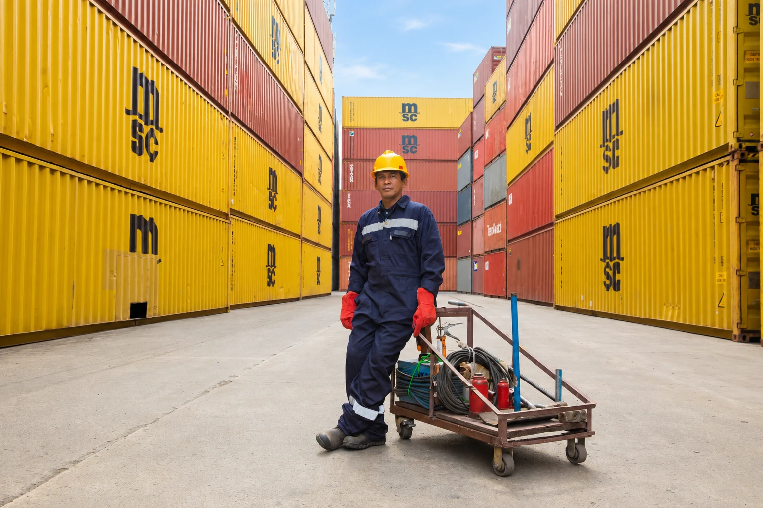Maintenance and repair technician with a tool cart in the container yard
